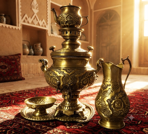سماور زغالی برنجی طرح گل‌ و بلبل اصفهان – نفیس و آنتیک