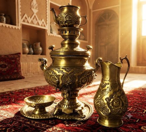 سماور زغالی برنجی طرح گل و بلبل اصفهان – نفیس و آنتیک
