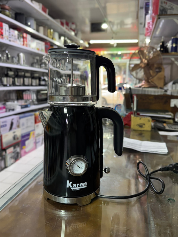 چایساز کارن مدل TM-7301 | کتری استیل دماسنجدار با قوری شیشهای
