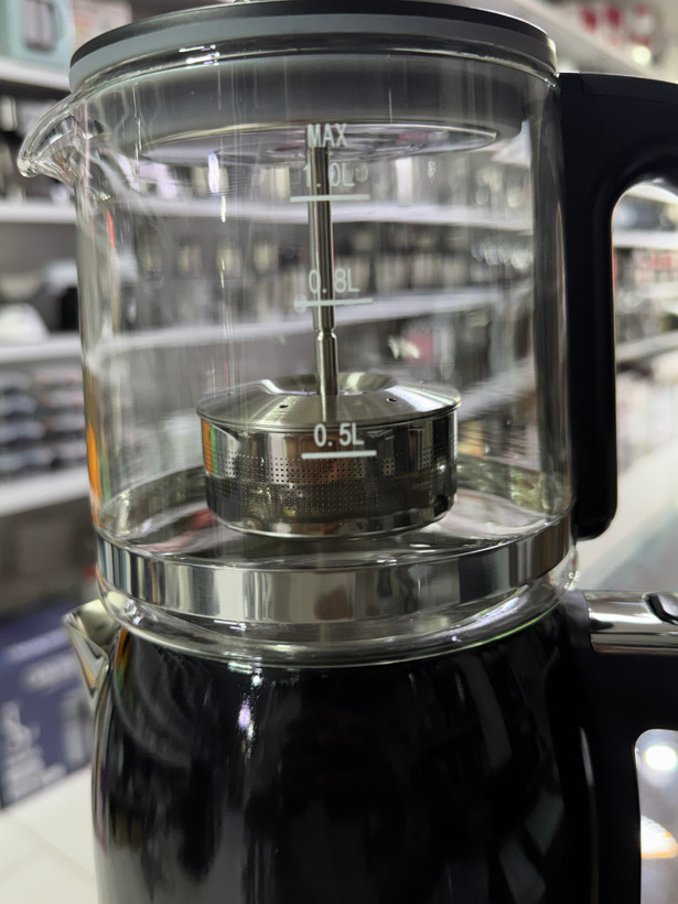چایساز کارن مدل TM-7301 | کتری استیل دماسنجدار با قوری شیشهای
