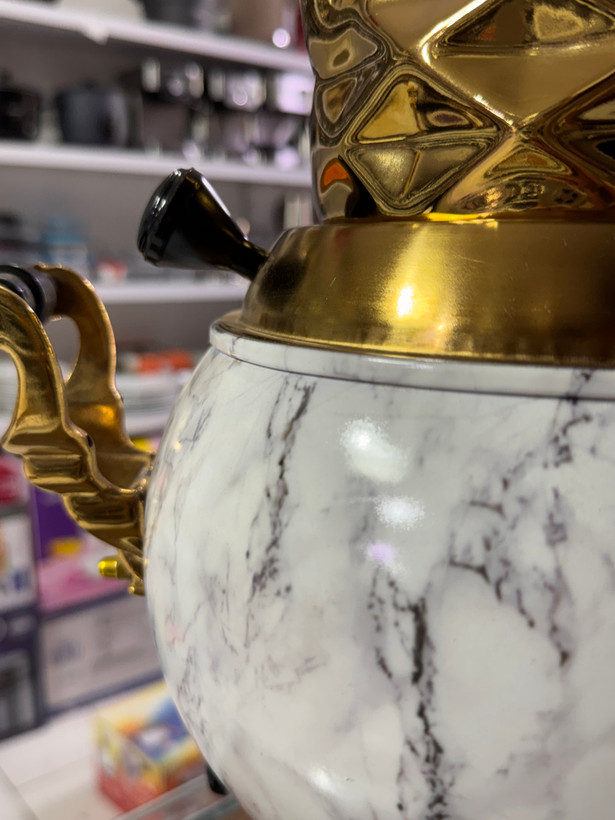 سماور گازی طرح مرمر با قوری طلایی لوزی برجسته (طرح لاکچری سلطنتی)