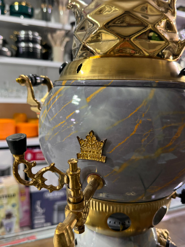 سماور گازی طرح مرمر با قوری طلایی لوزی برجسته (طرح لاکچری سلطنتی)