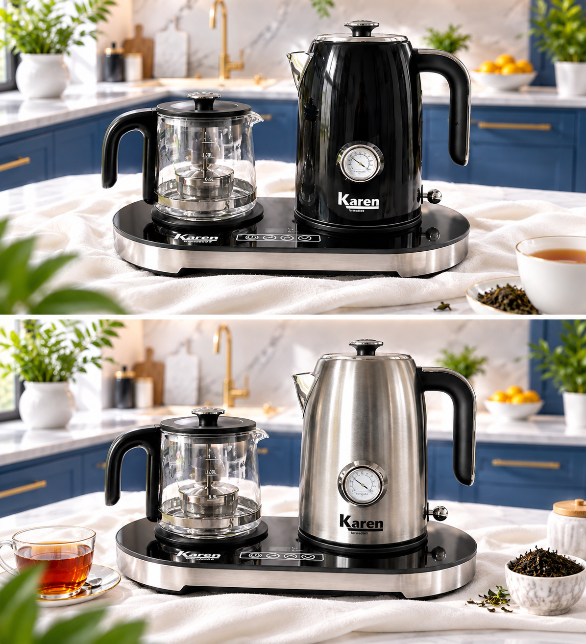 چای ساز کارن مدل TM-8583 | کتری و قوری شیشه‌ای دیجیتال با توان 2200 وات