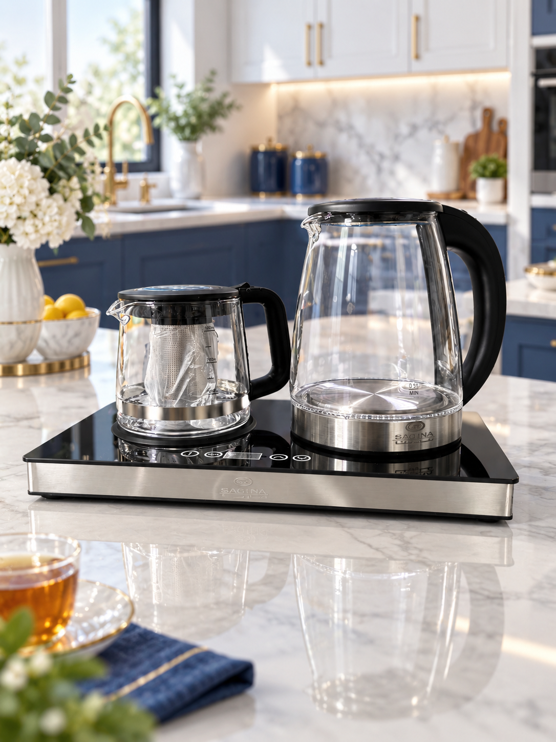 چای ساز سارینا مدل SA-179 | کتری برقی و قوری شیشه‌ای دیجیتال 1800 وات