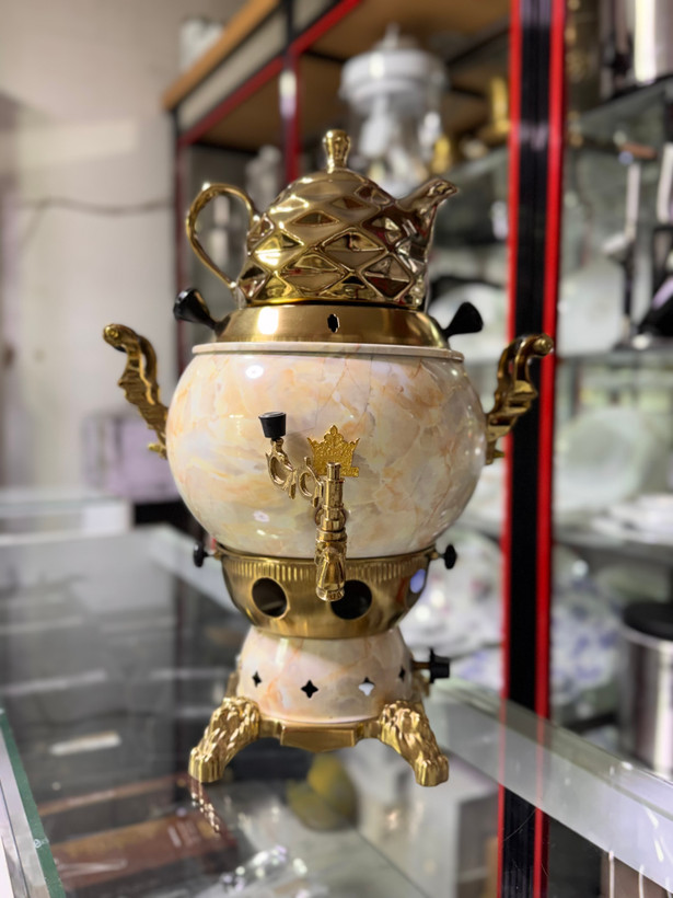 سماور گازی طرح مرمر با قوری طلایی لوزی برجسته (طرح لاکچری سلطنتی)