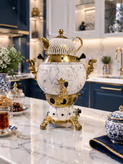 سماور گازی طرح مرمر با قوری طلایی لوزی برجسته (طرح لاکچری سلطنتی)