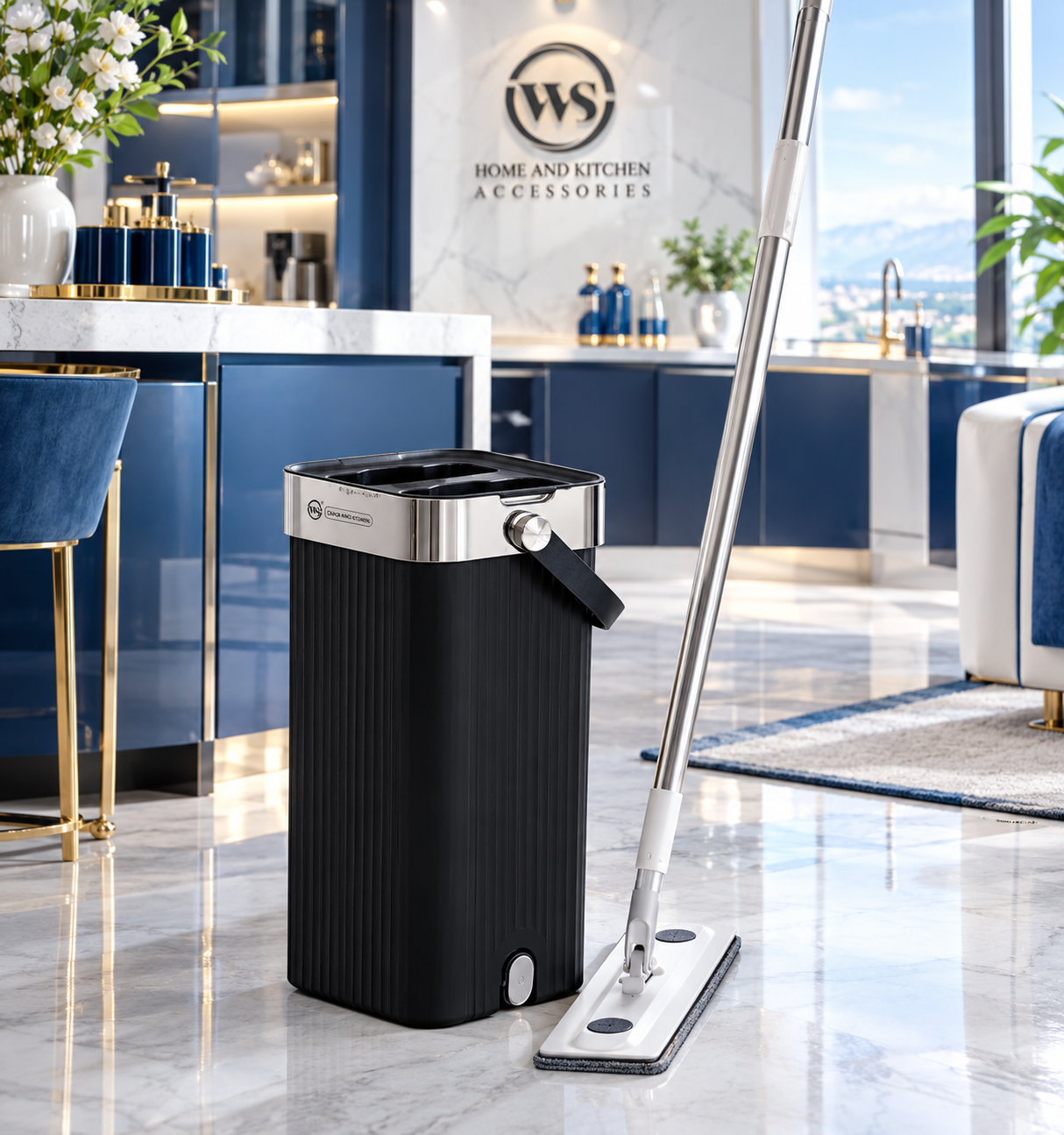 ست سطل و تی زمینشوی دو مخزنه WS مدل WS990 (Flat Mop & Bucket Plus) | رنگ مشکی